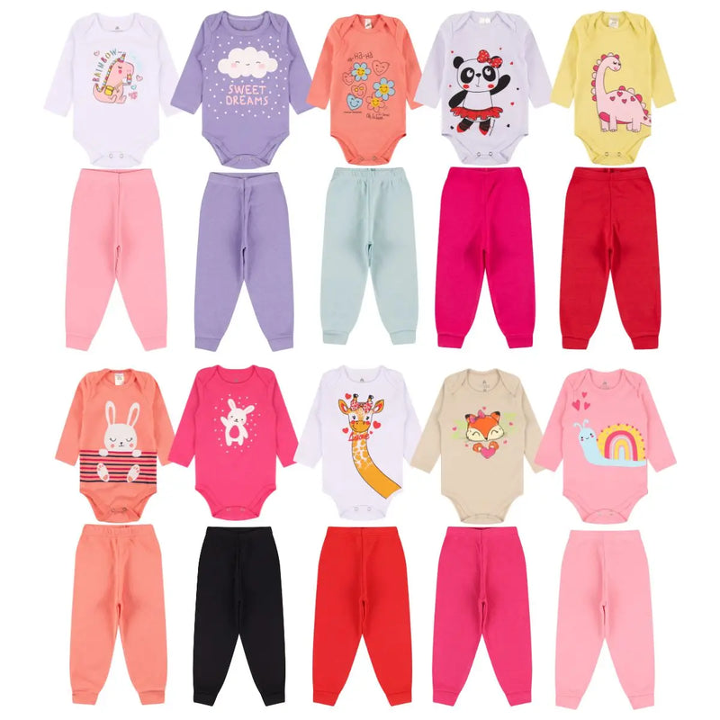 Kit 12 Peças de Roupas para Bebê Menina (6 Body Longo + 6 Calça Mijão)Kit 6 Body Roupa Infantil Bebê