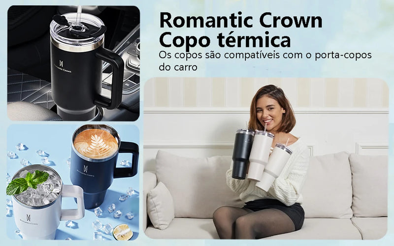 Romantic Crown-Copo isolado de aço inoxidável 304, copo com canudo,Copo Térmico a Vácuo, garrafa térmica de água, suco etc.