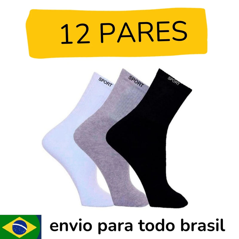 12 Pares Meias Masculina Cano Alto Algodão