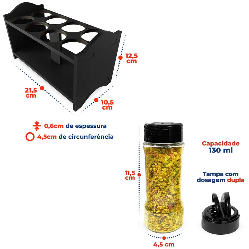 Porta Tempero e Especiarias de Madeira com 8 Potes Plástico 130ml Tampa Dosadora Dupla Organização de Cozinha Dispensa Armário