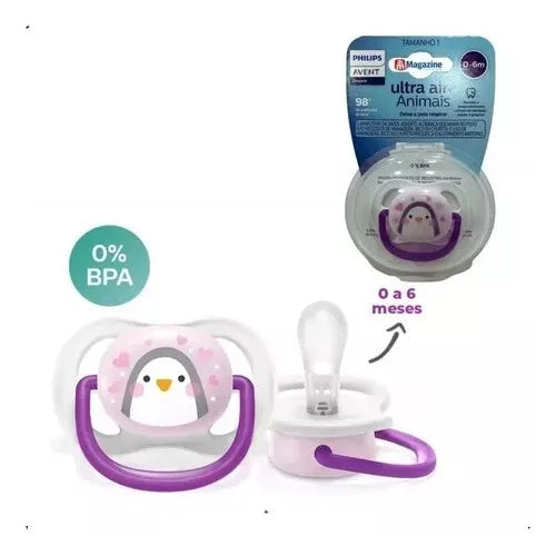 Chupeta Avent Ultra Air 0-6 Meses Menina Pinguim Rosa Lilas