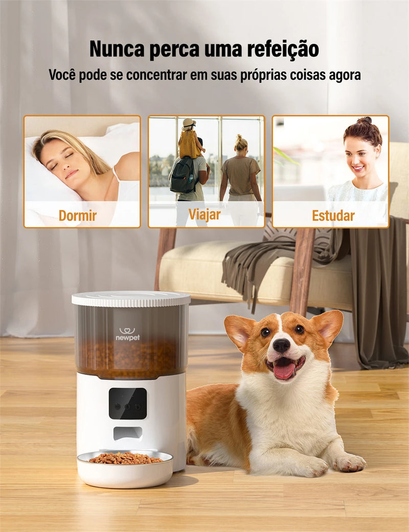 Newpet Alimentador temporizado para gatos 4L Alimentador para gatos com APP inteligente Refeição em aço inoxidável Alimentador remoto de ração para animais de estimação Dispensador automático adequado para cães e ga