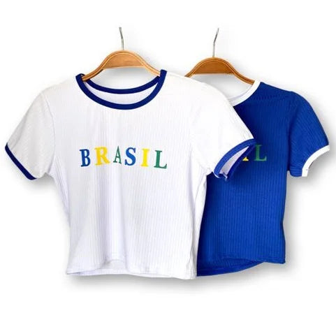 Moda feminina Brasil manga curta blusa cropped top