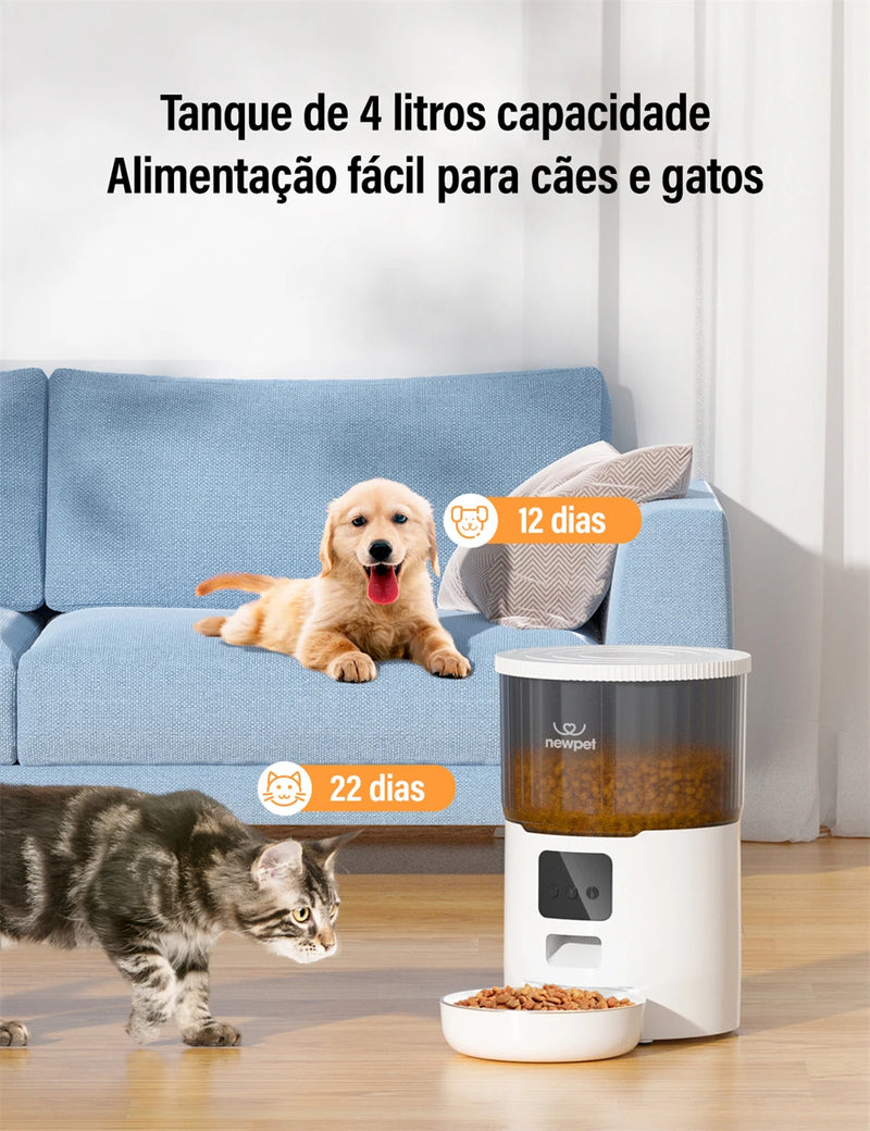 Newpet Alimentador temporizado para gatos 4L Alimentador para gatos com APP inteligente Refeição em aço inoxidável Alimentador remoto de ração para animais de estimação Dispensador automático adequado para cães e ga